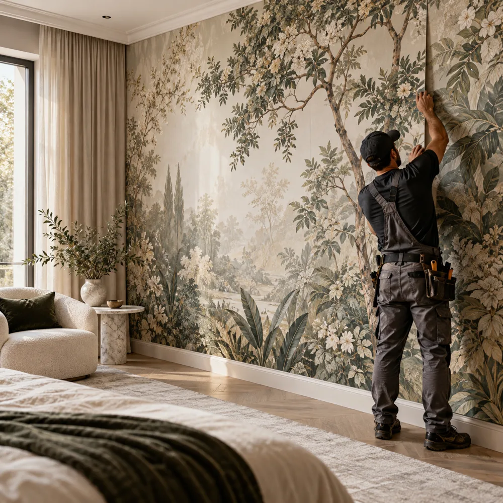 Installer hanging a panoramic botanical mural in a bedroom