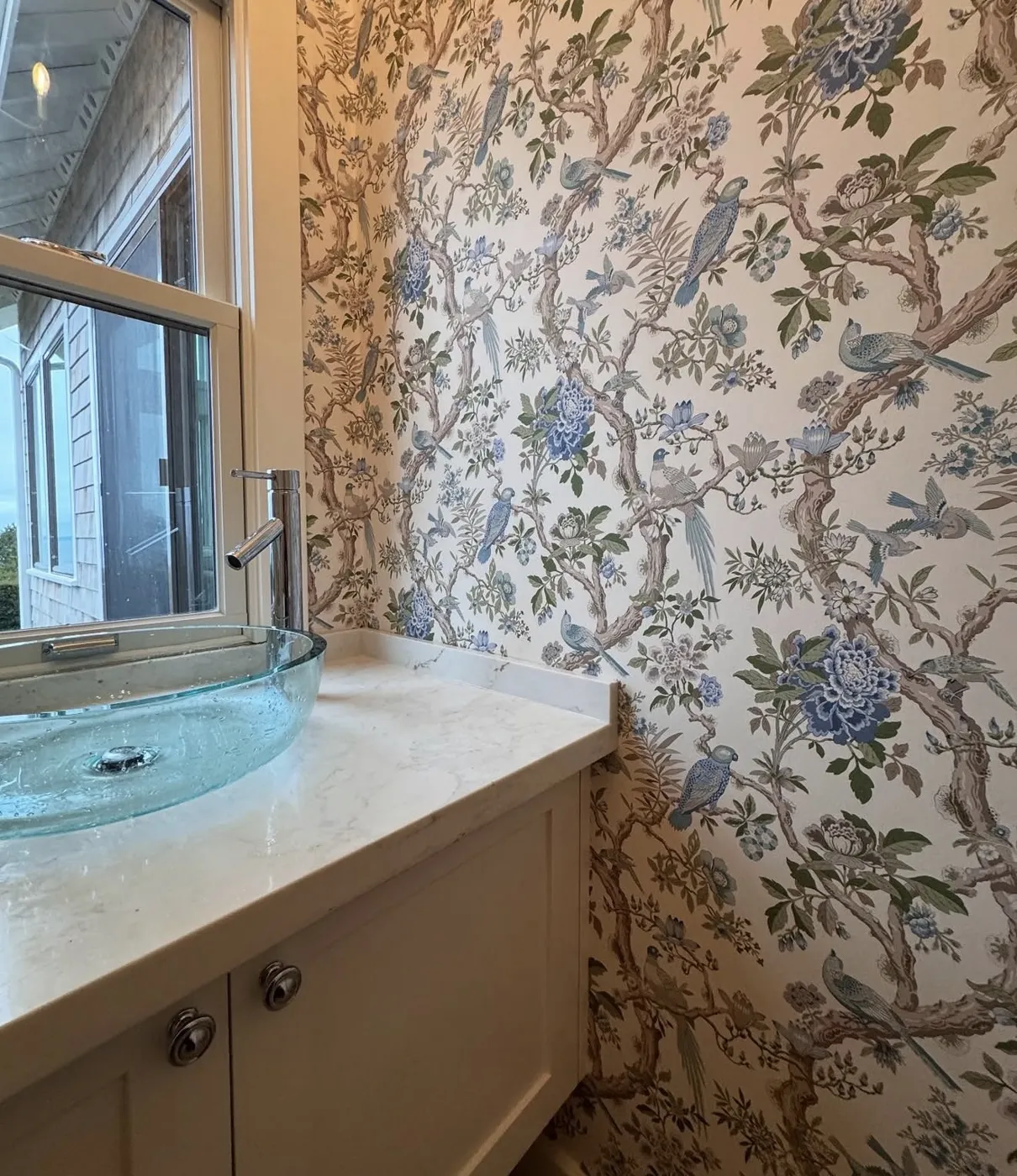 Residential wallpaper installation in a powder room