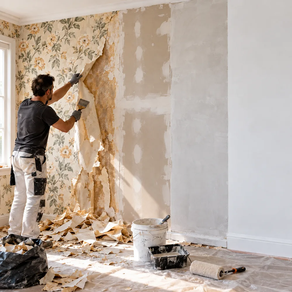 Installer removing old floral wallpaper, with the wall repaired and primed behind